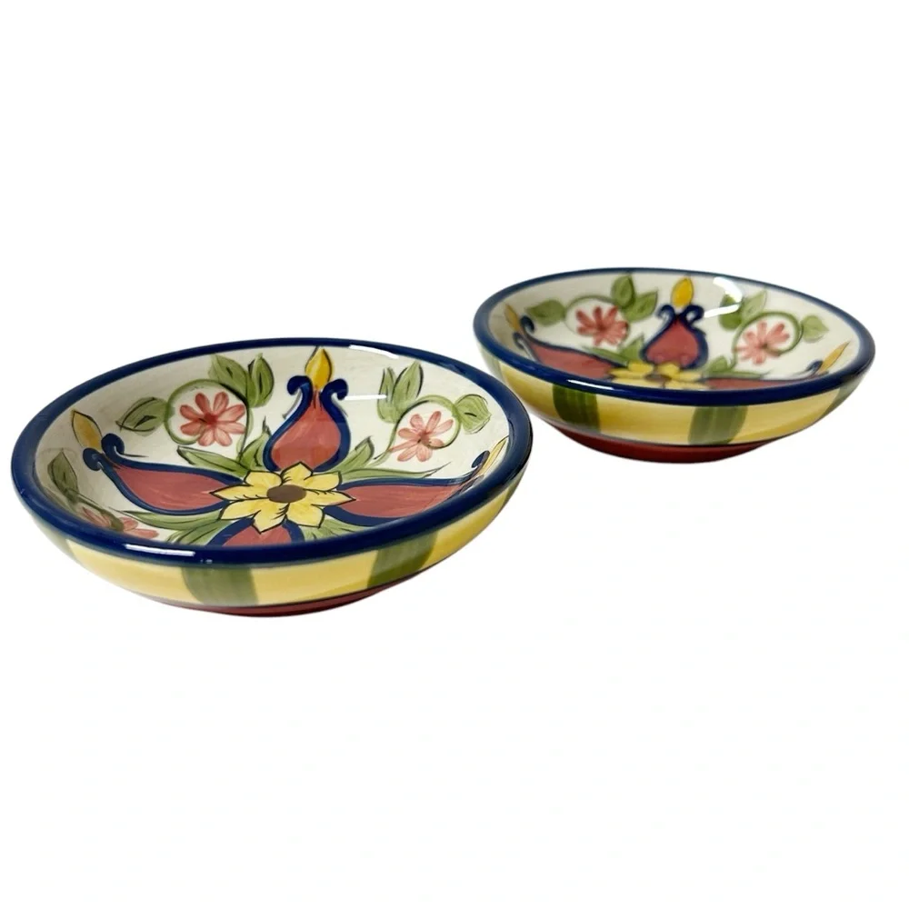 PIER 1 Vallarta Dipping Bowls Dishes Set Of 2 Hand Painted 4” Floral Pattern